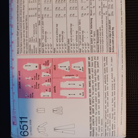 Vintage 70s Simplicity Sewing Pattern Junior Jacket Vest Pants, Skirt 6511 - Picture 4 of 6